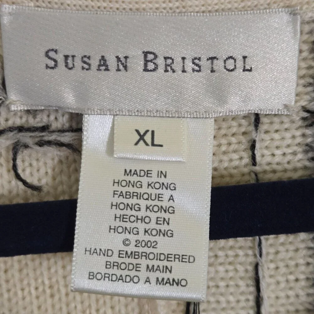 Susan Bristol Vintage Wool Unique Knit Black Cream Sweater Jacket Size XL